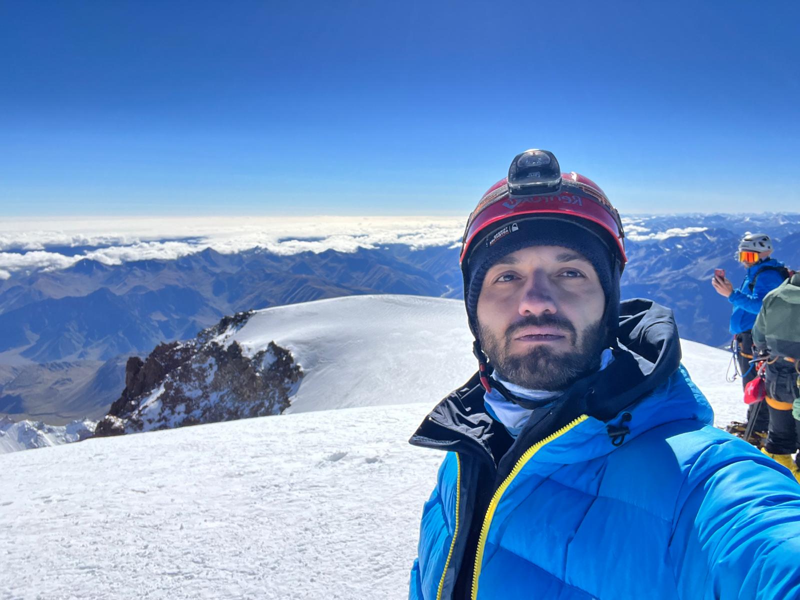 Luka Maghalov on the summit of Mount Kazbek, Georgia